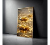 XINBAO Golden Lotus Flowers Canvas Wall Art, Water Reflection, Luxury Floral Decor, Home Decor, Nature Scene Painting Artwork(60x105cm/Inner Frame)