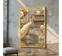 XINBAO Golden Peacock Canvas Wall Art - Luxury Print with Ornate Bridge and Flowers - Decor Painting- Animal Bird Art Posters(70x100cm/Frameless)
