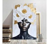 XINBAO Golden Petal Visage, Black Art, Girl, African Culture Wall Art Textured Canvas Poster Painting Wall Decor For Bedroom 80x140cm Withframe
