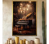 XINBAO Grand Piano With Autumn Leaves And Chandelier Canvas Painting, Elegant Music Wall Art, Piano Poster, Romantic Home Decor(40x60cm/Inner frame)