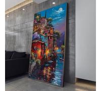 XINBAO Lakeside Village at Night Canvas, Colorful Houses, Moonlit Water Canal,Floral Accent Canvas Wall Art,Landscape Painting(30x50cm/Inner Frame)
