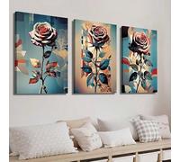 XINBAO Modern Floral Canvas Wall Art - Abstract Plant Poster With Red Roses, Blue Background-Home Decor Bedroom,Bedroom Artwork(50x70cmx3/Frameless)