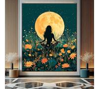 XINBAO Moonlit Yoga Meditation Wall Art - Spiritual Boho Woman Silhouette Print - Zen Floral Poster - Full Moon Painting- Decor(30x40cm/Inner frame)