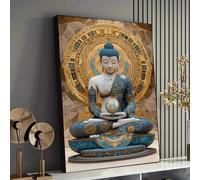XINBAO Mystical Buddha Statue Canvas, Meditation Wall Art, Spiritual Home Decor, Zen Design, Blue Gold Accents, Canvas Painting(21x30cm/Frameless)