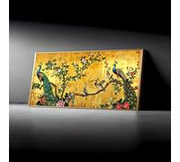 XINBAO Peacock Canvas Wall Art, Floral Branch Design, Vintage Asian Style, Gold Background Decorative Painting, Home Wall Decor(60x105cm/Frameless)