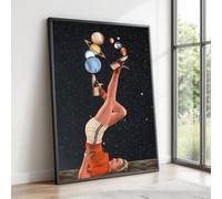 XINBAO Retro Woman Balancing Planets Canvas, Surreal Space Wall Art, Vintage Style Cosmic Decor, Canvas, Home Decor Painting(50x75cm/Inner frame)