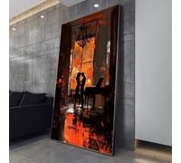 XINBAO Romantic Silhouette Couple Painting, Intimate Moment Wall Art, Piano Room Decor, Dramatic Orange Lighting Canvas Decor(50x90cm/Frameless)