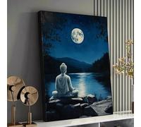 XINBAO Serene Buddha Meditation by Moonlit Lake Canvas, Nightscape Wall Art, Spiritual Zen Decor, Bedroom Painting Canvas Print(21x30cm/Inner frame)