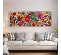 XINBAO Textured Floral Panoramic Art Flowers, Wide Canvas Print, Large Colorful Folk Art Painting, Boho Framed Art for Bedroom(30x90cm/Frameless)