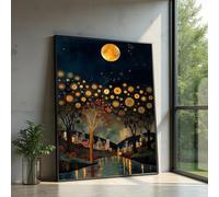 XINBAO Vintage Night Sky Canvas, Moonlit Village Scene, Artistic Tree Silhouettes, River Reflection, Decor Wall Art Pictures(70x100cm/Inner frame)