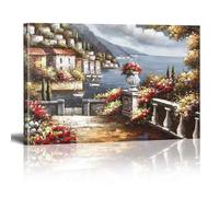 XINBAO Wall Decor Posters,Town Mediterranean Flowers Oil Painting Canvas Landscape Art Prints, For Living Room Bathroom Bedroom 50x70cm Frameless