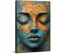 XINBAO Woman Face Canvas Art, Textured Portrait Print, Teal And Gold Artistic Wall Decor Contemporary Canvas Painting Aesthetic 80x110cm Withframe