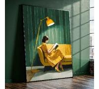 XINBAO Woman Reading Book on Yellow Sofa Canvas, Home Interior Wall Art, Reading Scene Canvas, Living Room Decoration Painting(60x80cm/Inner Frame)