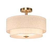 XiNBEi Flush Ceiling Light, Modern 3-Light Semi Flush Mount Ceiling Light Gold Brass with 2 Tiers Linen Shade E27 Round Drum Chandelier for Bedroom & Living Room Hallway Kitchen NL-SF1289-BS
