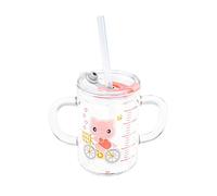 XINCHIA Glass Milk Cup 250ml Measuring Cup Cute Cartoon Sippy Cup with Silicone Straw & Leakproof Lid Heat-Resistant Drinking Glasses Double Handles Straw Cup with Scale Value for Water Milk Juice
