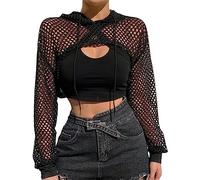 XINCHIA Women Sexy Mesh Top Hollow Out Crop Top See Through Long Sleeve Hoodie Tops Women Sexy Shirts Blouses Mesh Cover Up Sheer See Through Tops Clubwear T-Shirt Black