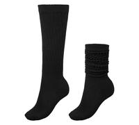 Xindojuz 1 Pair Black Knee High Socks, 7.1"/18cm Long Slouch Slouchy Scrunch Socks for Women Girls, Soft Cotton 80s 90s Stacked Boot Sock over the Knee Tube High Stockings, Black Leg Warmers (Black)