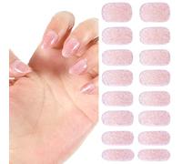 Xindojuz 16 PCS Pink Semi Cured Nail Strips Wraps, Black White Glitter Press on Gel UV/LED Nails Stickers with Nail File and Wood Stick, Nails Art Design Decoration Accessories for Women Girls