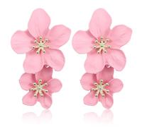 Xindojuz 2 PCS Pink Flower Earrings for Women Dangling, Big Double 3D Floral Earrings Hoop Dangle, Boho Chic Petal Statement Earring for Women Vacation Prom Wedding Party Flower Jewelry