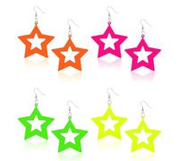 Xindojuz 4 Pairs Neon Earrings, Star Circular Drop Oval Jewelry Acrylic Retro 80s 90s Neon Accessories for Women Girls Costume Dancing Glow Party Outfit Accessories (Orange, Yellow, Green, Rose Red)