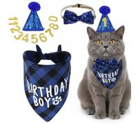 Xindojuz Cat Birthday Hat Decoration & Outfit Set, Adjustable Cats Birthday Hat with Number Bandana Bow Scarf Tie Collar for Dog Pet Kittens Apparel Christmas Party Outfits Supplies (Blue)