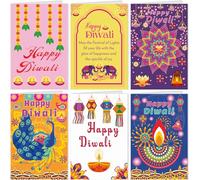 XINDY 6 Pack Happy Diwali Cards, India Festival of Lights Greeting Cards with Envelopes, Diwali Gifts for Kids, Friends, Family, Colleagues, Diyas Rangoli Lanterns Elephant Peacock Design