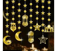 XINDY 8Pcs Gold Eid Mubarak Decorations Ramadan Garland Hanging Star Moon Circle Dot Crescent Lamp Garland Streamer Backdrop for Eid Decorations for Home Islam Muslim Party Ramadan Decorations