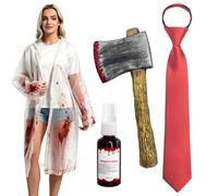 XINDY Adults Psycho Costume, Clear Raincoat, Red Tie, Fake Axe, Fake Blood, Scary Horror Movie Outfit Women Mens Halloween Costumes