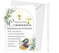 XINDY First Holy Communion Gifts for Girls Boys, First Communion Cards, First Holy Communion Card, Rosary Beads Catholic Pearl Cross Necklace for Kids