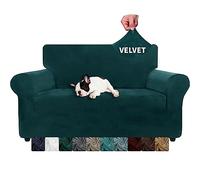 XINEAGE 1 Piece Velvet Couch Covers for 2 Cushion Couch High Stretch Loveseat Slipcover for Pets Dogs Anti Slip Love Seat Sofa Slipcover Furniture Protector (2 Seater, Blackish Green)