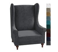 XINEAGE 1 Piece Velvet Wingback Chair Slipcover Stretch Wing Chair Cover Non Slip Furniture Protector with Foam Rods for Living Room (Wingback Chair, Grey)