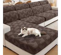 XINEAGE Sofa Seat Cushion Cover, Geometrical Jacquard Couch Cushion Slipcovers Stretch, Replacement for Individual Cushion with Elastic Bottom & Non-Slip Strap (Large 1 Seater, Brown)