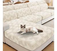 XINEAGE Sofa Seat Cushion Cover, Geometrical Jacquard Couch Cushion Slipcovers Stretch, Replacement for Individual Cushion with Elastic Bottom & Non-Slip Strap (Large 1 Seater, Beige)