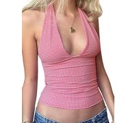 Xineicy Women's Halter Deep V Neck Tank Top Y2k Backless Tie Back Cute Tops Slim Fit Going Out Trendy Summer Tops, Pink, S