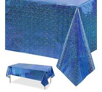 Xinfin Iridescent Plastic Tablecloths Disposable Blue Table Covers, Shiny Rectangle Table Cloth for Boys or Girl Party Wedding Birthday Decorations 54 x 108 Inch (1PCS, Blue)