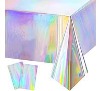 Xinfin Iridescent Plastic Tablecloths Rainbow Laser Table Covers, Shiny Table Cloth Holographic Foil for Outdoor Picnic Wedding Birthday Party Table Decorations 54 x 108 Inch (2PCS, Laser)