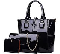 XingChen 3-PC Patent Women Handbag+Crossbody Bag+Card Bag Shiny Faux Leather Top Handle Satchel Shoulder Tote Bag Purses, Black, One Size