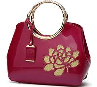 XingChen Women Handbag Patent Leather Flower Pattern Satchel Charm Glossy Purse Metal Grip Structured Shoulder Bag, Rose, One Size