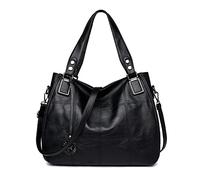 XingChen Women's Leather Handbag Fashion Shoulder Bag Multi-pocket Satchel Tote Purse Hobo Bag with Pendant, Black, One Size