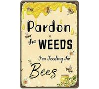 XingFox Bee Sign Pardon The s I'm Feeding The Bees Signs Vintage Garden Decor Metal Tin Sign Bee Classroom Theme for Outdoor Decoration Home Yard Garden Wall Decor 8x12 Inch