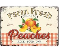 XingFox Farm Fresh Sweet Juicy Peaches Vintage Metal Tin Sign, Retro Fruit Poster Decorative Wall Art Signage, Farmhouse Country Market Kitchen Bar Home Decor, 8x12 Inch