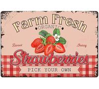 XingFox Farm Fresh Sweet Juicy Strawberries Vintage Metal Tin Sign, Retro Fruit Poster Decorative Wall Art Signage, Farmhouse Country Market Kitchen Bar Home Decor 8x12 Inch