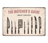XingFox Meat Knives Chart Posters Knowledge Tin Sign Wall Decor Metal Signs Farm Bar Coffee Restaurant Kitchen Supermarket Market The Butcher's Guide for Lover Gifts 8x12 Inch