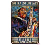 XingFox Metal Tin Jazz Posters Saxophone Life is a Lot Like Jazz Best When You Impvovise Metal Sign Vintage Home Decor Rustic Aluminum Tin Signs Wall Art 8x12 Inch