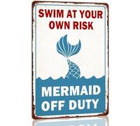 XingFox Swim at Your Own Risk Mermaid Off Duty Metal Sign Vintage Swimming Pool Tin Rules Wall Decor Outdoor Decorations Accessories 8x12 Inch