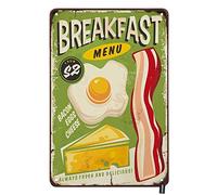 XingFox Tin Sign For Breakfast Menu Sign Food Poster Bacon Eggs Cheese Green Backdrop Vintage Metal Signs for Men Women Wall Art Decor for Home Bars Clubs Cafes 8x12 Inch
