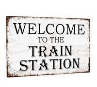 XingFox Train Station Sign,Welcome to The Train Station, Vintage Metal Plaque,Wall Hanging Decor 8x12 Inch