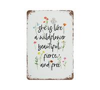 XingFox Vintage Metal Tin Sign Wildflower She Is Like A Wildflower Beautiful Fierce And Free Pretty Flower Quote Valentine's Day Sign Funny Novelty Garage Home Decor 8x12 Inch