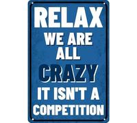 XingFox We Are All Crazy It Isn'T A Competition Vintage Metal Tin Sign Blue Style Sign For Office Home Cafe Wall Decor Gift For Women Men 8x12 Inch
