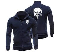 XINGHA Classic Men's Light Jacket Puni-she.r, Zip Up Stand Collar Bomber Jacket, Sports Men's Coats with Multi Pockets, Jackets(DarkBlue,L)